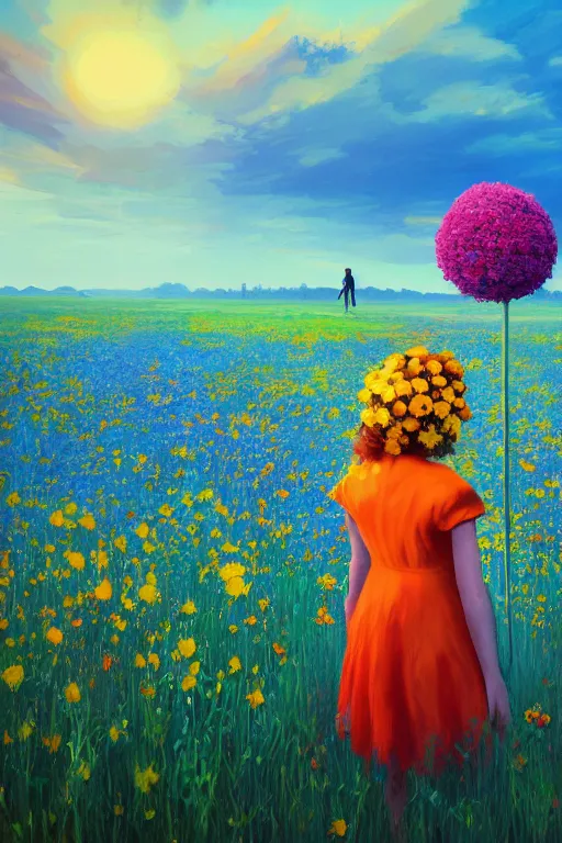 Image similar to closeup, giant flower head, girl in suit standing in a field of flowers, surreal photography, sunrise, blue sky, dramatic light, impressionist painting, digital painting, artstation, simon stalenhag