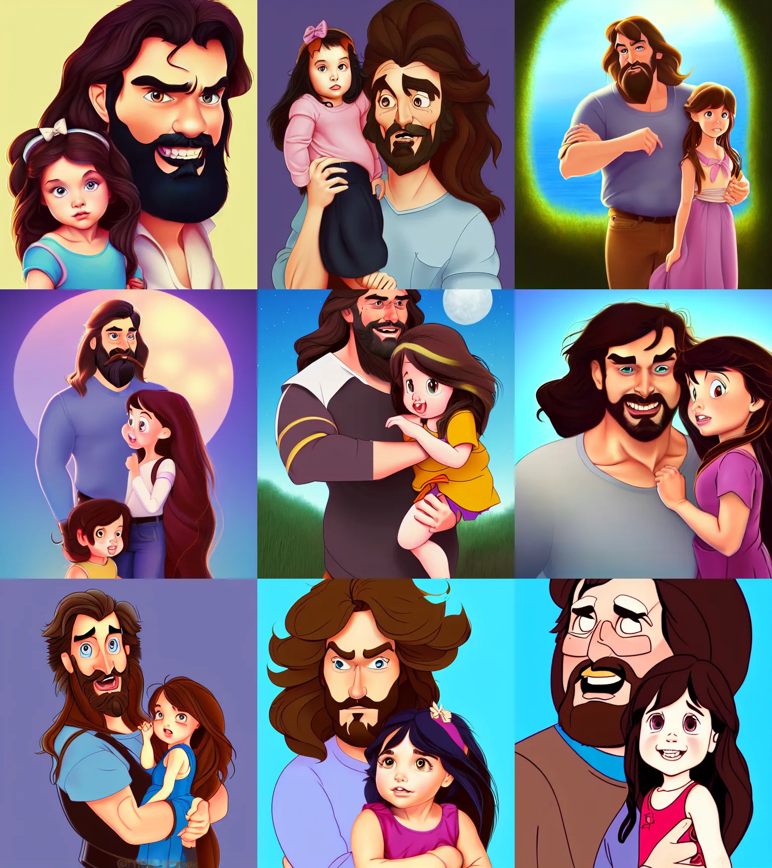 Image similar to a long - haired bearded father and his brunette child toddler girl full color digital illustration in the style of don bluth, artgerm, artstation trending, 4 k