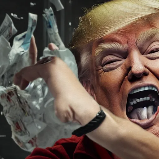 Prompt: donald trump going insane in a room full of trash. highly detailed, ultra realistic, cinematic portrait, sharp focus, movie still, dramatic lighting, ray tracing, smooth, wonbin lee, lane brown