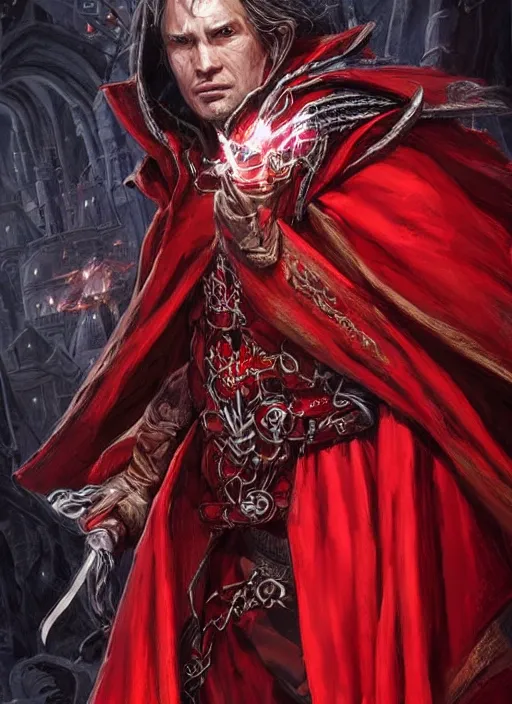 Image similar to beautiful bright red cloak stunning priest, ultra detailed fantasy, dndbeyond, bright, colourful, realistic, dnd character portrait, full body, pathfinder, pinterest, art by ralph horsley, dnd, rpg, lotr game design fanart by concept art, behance hd, artstation, deviantart, hdr render in unreal engine 5