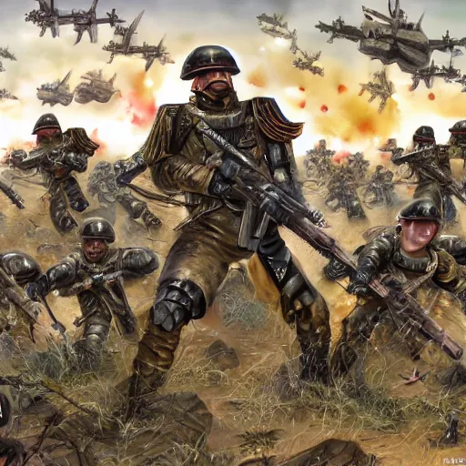 Image similar to Imperial Guard soldiers several people are holding the defense against a swarm of terranids, super quality,4k Artist - Phil Moss