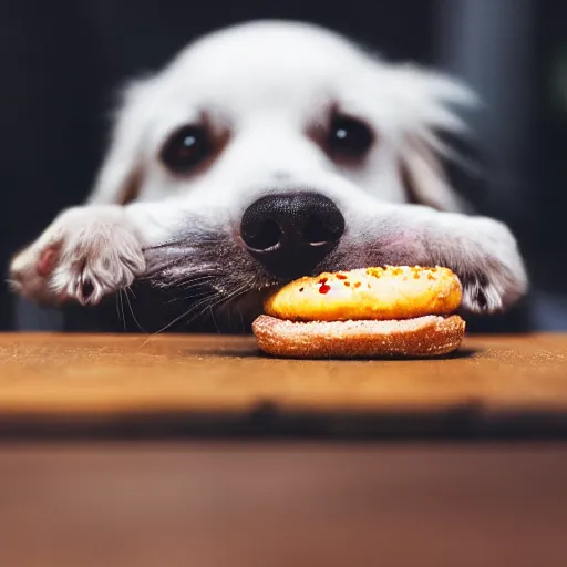 Prompt: photo of cute dog eating bagles from mesh bag, shallow depth of field, cinematic, 8 0 mm, f 1. 8