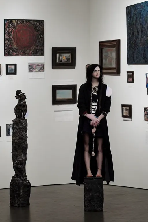 Image similar to emo woman standing on a small pedestal, as an exhibit in an art gallery, editorial photo