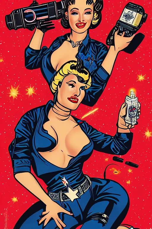 Image similar to old school, traditional style flashes of pinup girl in space holding a lazer pistol by sailor jerry, marina goncharova, vic james, electric martina, heath clifford, filip henningsson, kimi vera