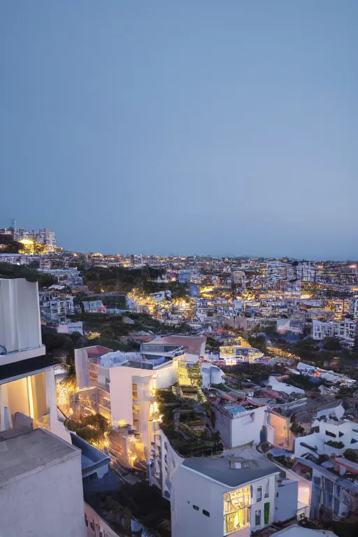 Image similar to buliding design by ricardo bofil, function is residential ， people take pohto at the roof ， dusk seaside ， photography ， 8 k