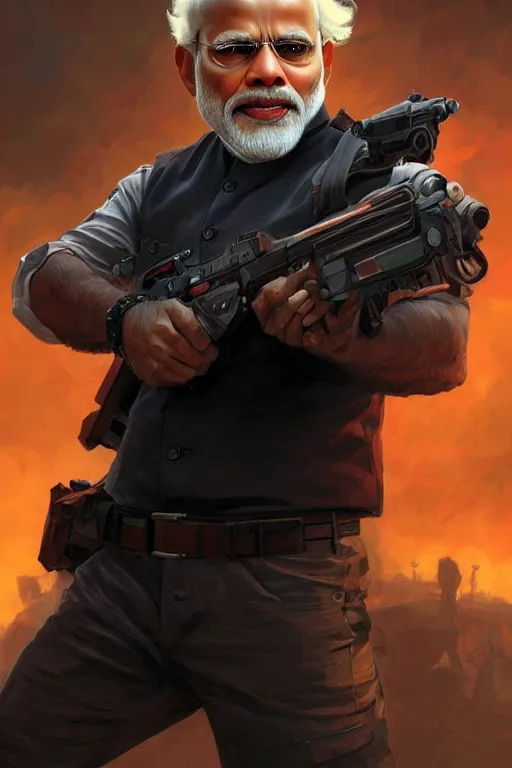 Image similar to Narendra Modi as Terminator, Narendra Modi hairstyle and beardstyle, full body realistic portrait, highly detailed, digital painting, artstation, concept art, smooth, sharp focus, illustration, cinematic lighting, art by artgerm and greg rutkowski and alphonse mucha