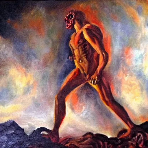 Prompt: Man arising from the ninth circle of hell. Oil painting.