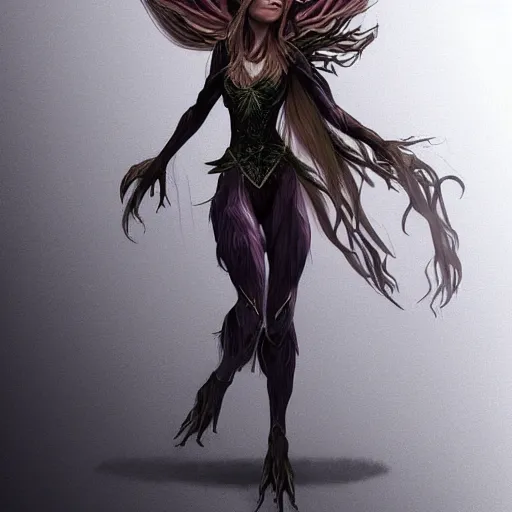 Image similar to female elf, tree person, warhammer aelf dryad, dynamic pose, elongated legs, long fingers, talons, terrifying, dark, fog, artstation