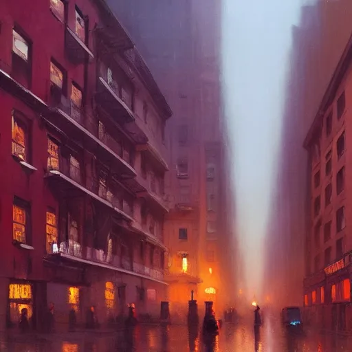 Image similar to a matte painting of nyc streets of soho in year 2 0 1 8, matte painting, dusk, fashion, by rozalski and peter ilsted, artstation