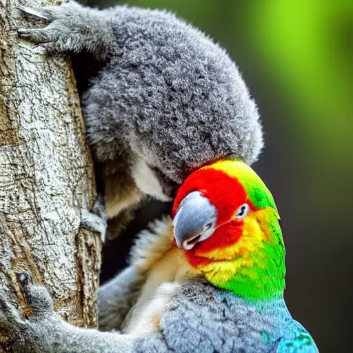 Prompt: award winning nature photograph of a parrot's beak on a koala in a tree. the koala is eating a eucalyptus leaf. focus on the beak. extreme detail, hyperrealistic photo, smooth, trending on artstation