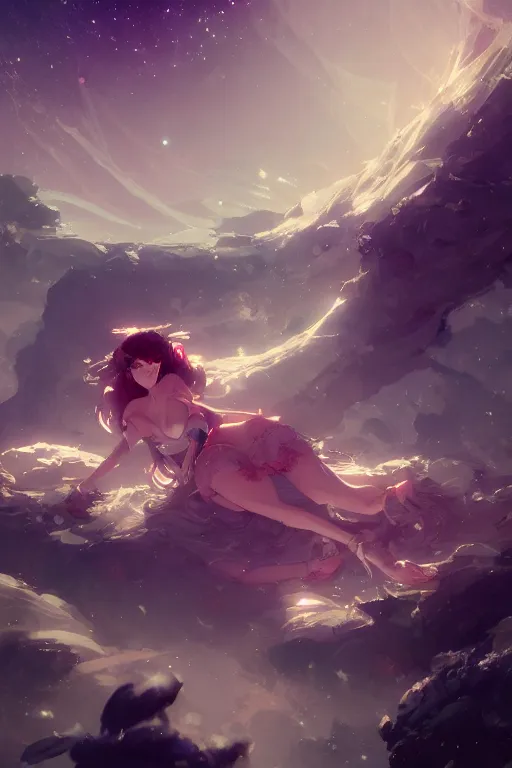 Prompt: A beautiful whimsical woman basking in the moonlight on a bed of crystals below planets, cinematic lighting, dramatic atmosphere, by Dustin Nguyen, Akihiko Yoshida, Greg Tocchini, Greg Rutkowski, Cliff Chiang, 4k resolution, trending on artstation