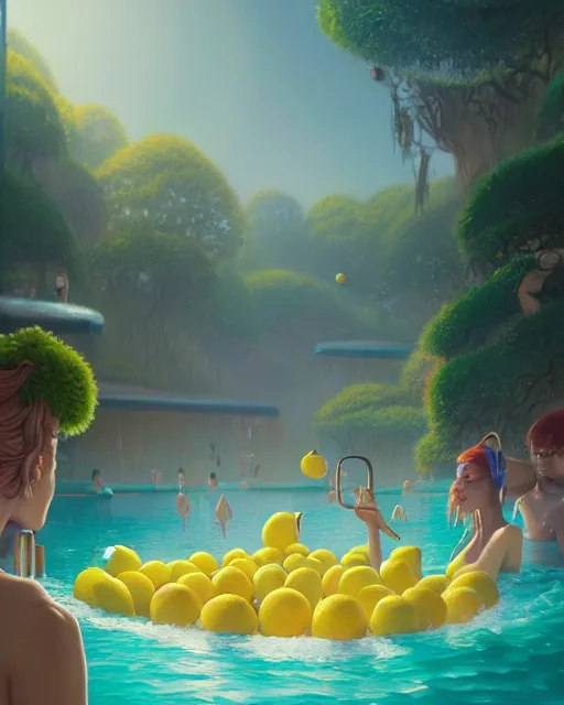 Prompt: highly detailed surreal vfx portrait of an anthropomorphic lemon pool party, stephen bliss, unreal engine, greg rutkowski, loish, rhads, beeple, makoto shinkai and lois van baarle, ilya kuvshinov, rossdraws, tom bagshaw, global illumination, detailed and intricate environment