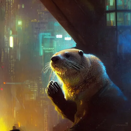 Image similar to hyperrealistic portrait of an athropomorphic otter wearing an astronaut outfit, bladerunner street, art of elysium by jeremy mann and alphonse mucha, fantasy art, photo realistic, dynamic lighting, artstation, poster, volumetric lighting, very detailed face, 4 k, award winning, cinematic lighting, deviantart, artstation, cg society