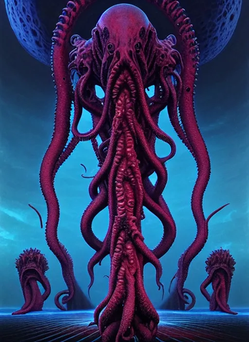 Image similar to symmetry!! stunning monstrous cosmic horror cthulhu with space in the background!! lovecraftian horror, cosmic space horror!! cinematic lighting, muted colours, digital art, winning award masterpiece, fantastically beautiful, aesthetically inspired by wayne barlowe and gerald brom, trending on artstation, art by greg rutkowski, octane render, unreal engine, 8 k