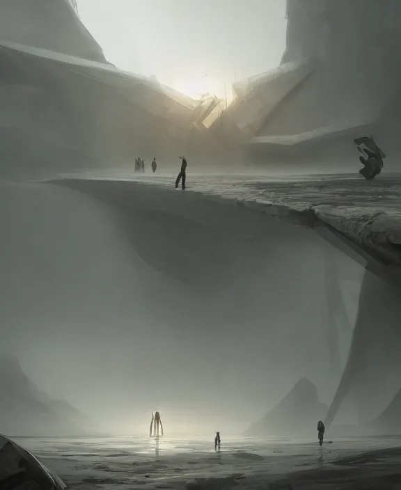 Image similar to surreal epic, masterpiece, romantic soct white exploration base, ancient ochre palette, impossible architecture by ruan jia, mecha floor, futuristic, blame, white architecture in the beach in iceland, foggy, highly detailed, digital painting, arstation, concept art, hyperealistic octane render, unreal engine