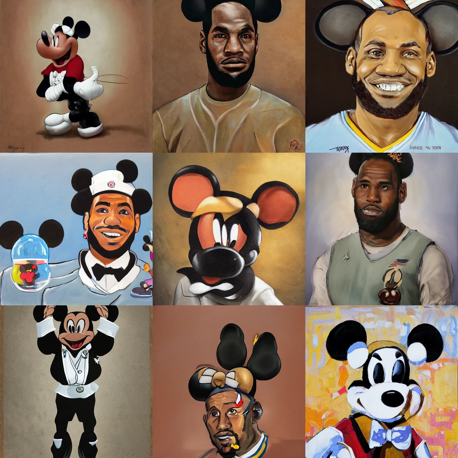 Prompt: portrait of lebron james, lebron james in a sailors outfit with mickey mouse ears, oil on canvas painting by william sidyney mount, steamboat willie, disney, trending on artstation