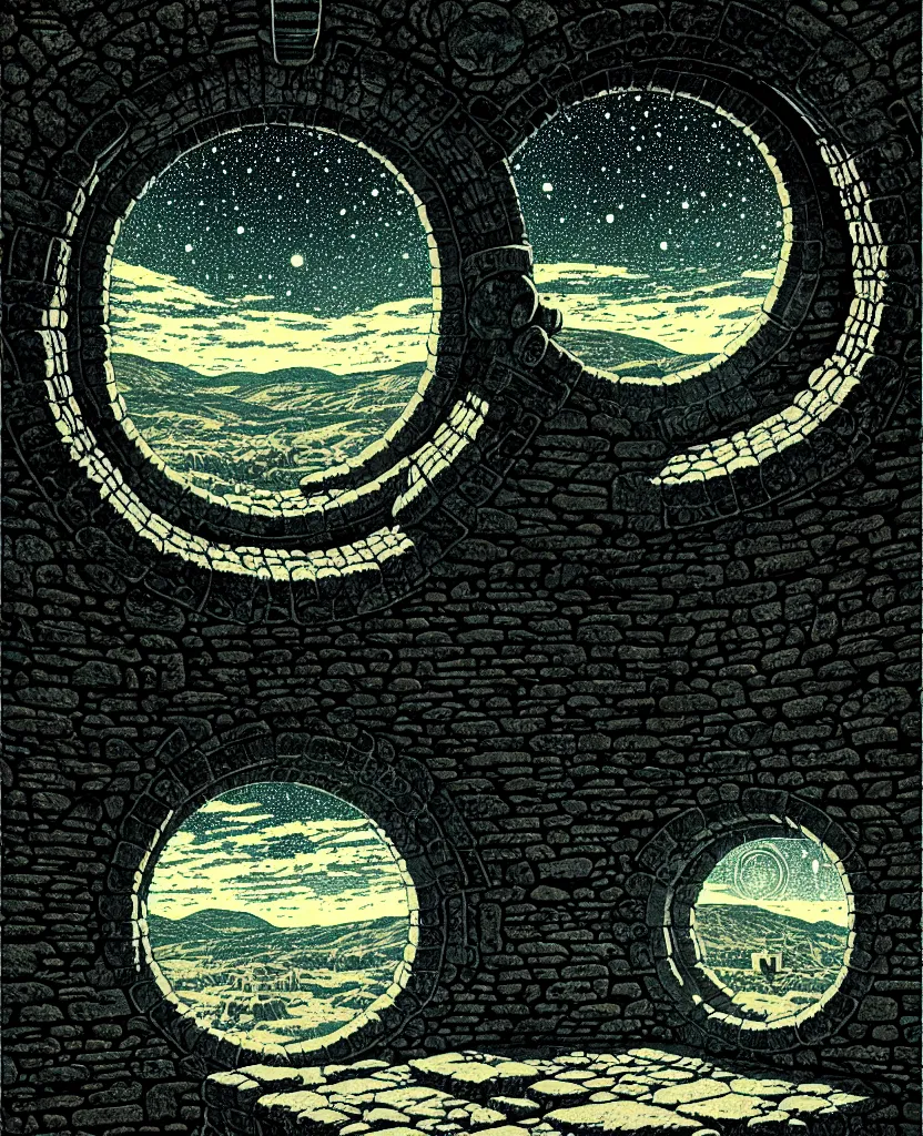 Image similar to stone wall inside of a ancient castle, round window looking out to the starry night sky, high details, intricately detailed, by vincent di fate, inking, 3 color screen print, masterpiece, trending on artstation,, sharp, details, hyper - detailed, hd, 4 k, 8 k