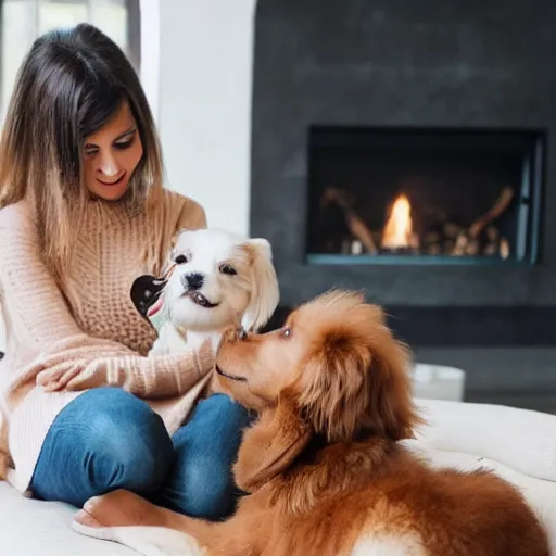 Prompt: a photo of a beautiful girl with a cute dog on her lap in a cozy living room