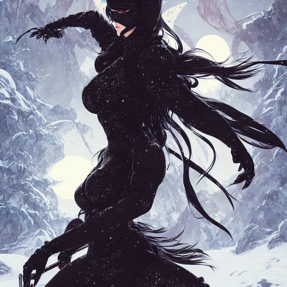 Image similar to portrait ninja gaiden girl, armored black plastic ninja wardrobe, at snowy fuji mountain moonlight, ssci - fi and fantasy, intricate and beautiful and elegant, digital painting, frostbite engine, artstation, concept art, smooth and sharp focus, illustration, art by tian zi and wlop and alphonse mucha