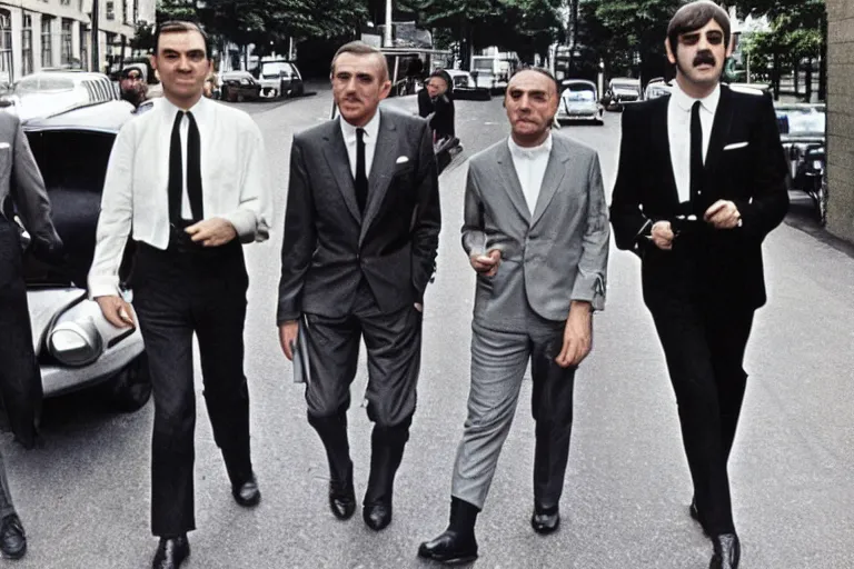 Prompt: sean connery as james bond with the beatles at abbey road recording studio, color photograph, 1 9 6 0 s