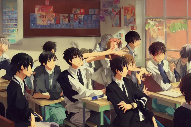 boy's love anime high school classroom scene spring, Stable Diffusion