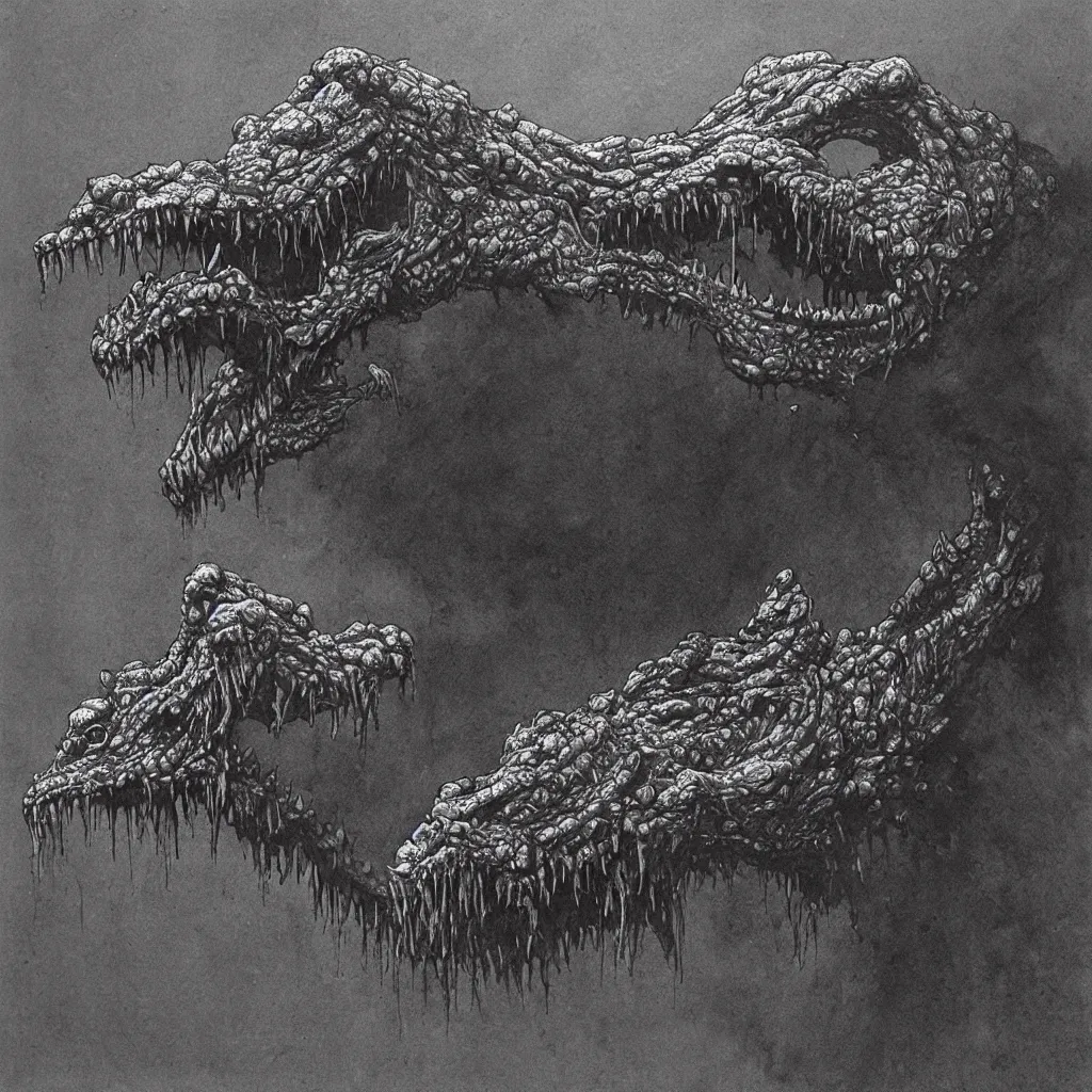 Prompt: horrifying crocodile creature, necromorph, in the style of zdislaw beksinski