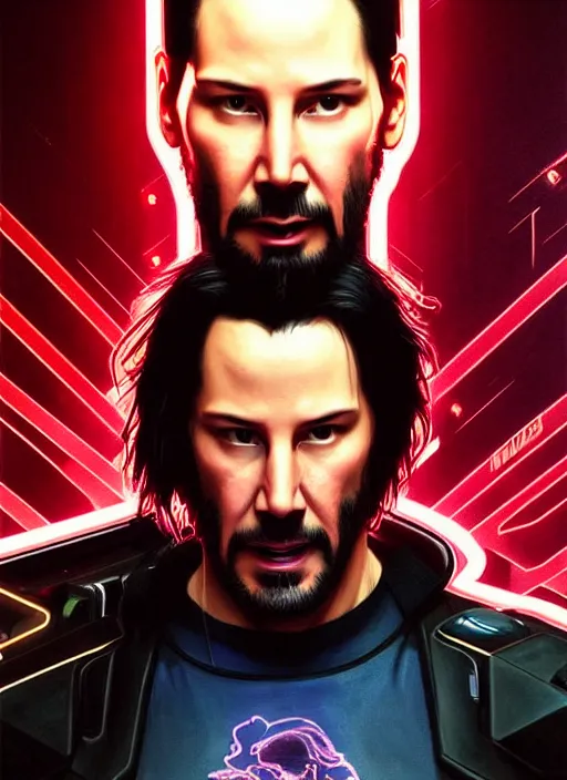 Image similar to portrait of Keanu Reeves as a character in Cyberpunk 2077, looking at camera, intricate, elegant, sci-fi, extremely detailed, digital painting, artstation, concept art, smooth, sharp focus, illustration, ambient lighting, incredible art by artgerm and greg rutkowski and alphonse mucha and simon stalenhag