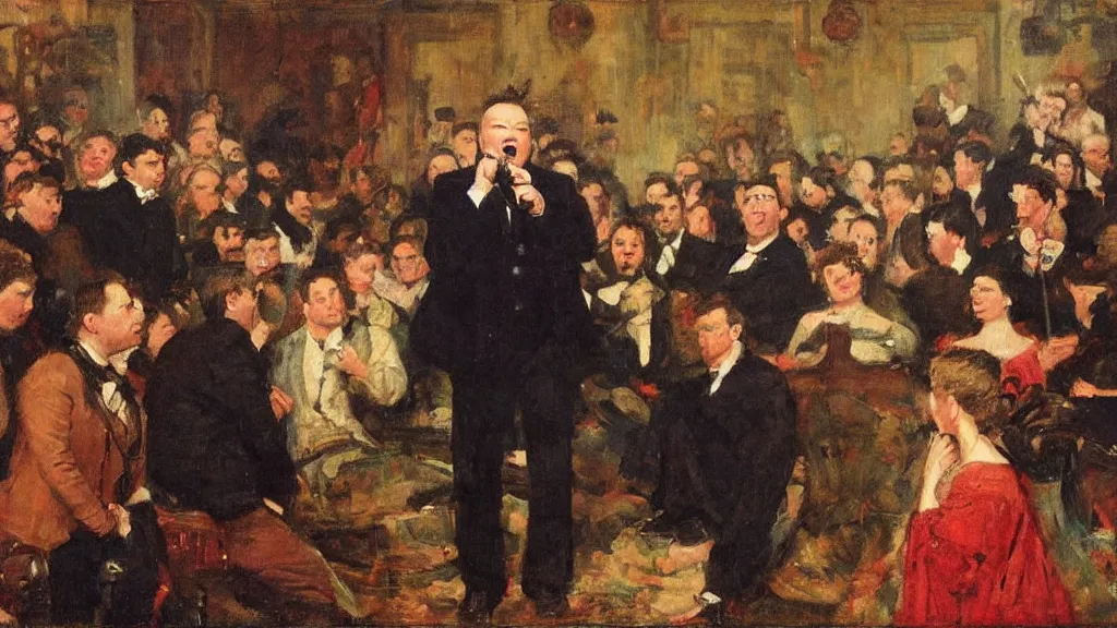 Image similar to Stewart Lee performs stand up to an angry audience, oil on canvas, by Juan Luna