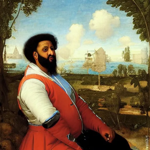 Image similar to renaissance portrait of DJ Khaled on a jetski in a river, masterpiece by Eugene de Blaas