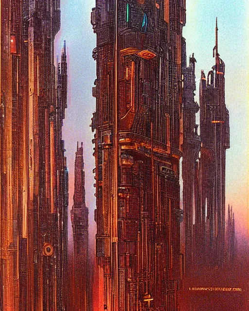 Image similar to cyberpunk tower by ralph mcquarrie and frank lloyd frank lloyd and bruce pennington and ted nasmith