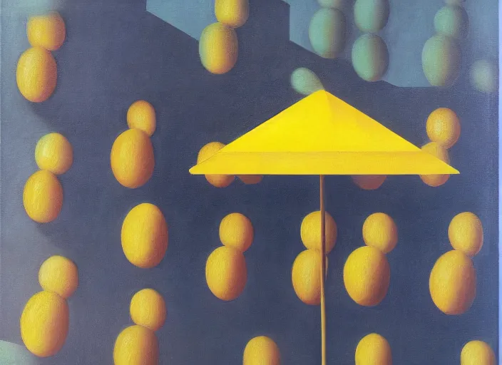 Image similar to abstract composition with lemons and umbrellas, oil on canvas, in the style of Rene Magritte,