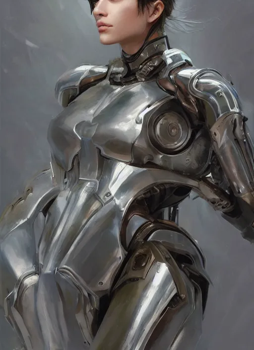 Image similar to a professional painting of a beautiful young female, clothed in robotic armor, olive skin, long dark hair, beautiful bone structure, symmetrical facial features, intricate, elegant, digital painting, concept art, smooth, sharp focus, illustration, from Metal Gear, by Ruan Jia and Mandy Jurgens and Artgerm and William-Adolphe Bouguerea