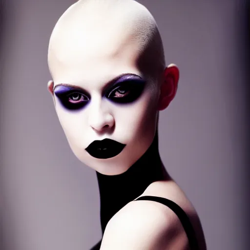 Prompt: close up, professional studio photo of a young gorgeous goth girl, attractive, beautiful facial expressions, porcelain looking skin, aesthetically pleasing, introverted, elegant hairstyle, graceful slim body, dressed in white, dark moody lighting, by annie leibovitz and boris vallejo, epic atmospheric, intricate, neat