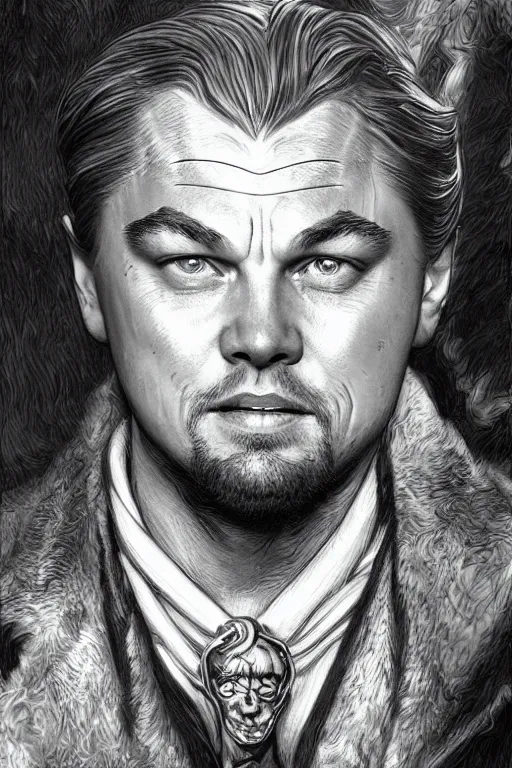 Image similar to Leonardo DiCaprio as a jester, detailed full body portrait by james gurney and artgerm and Mucha, amazing detail, intricate, stunning inking lines, 4K, character design, concept art