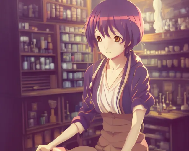 Prompt: anime visual, portrait of a young female traveler in a alchemist's potion shop interior, cute face by katsura masakazu and yoh yoshinari,, cinematic luts, cold studio lighting, dynamic pose, dynamic perspective, strong silhouette, anime cels, ilya kuvshinov, cel shaded, crisp and sharp, rounded eyes, moody