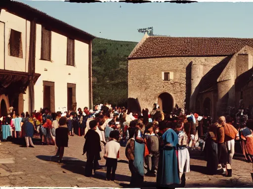 Image similar to a color 3 5 mm photograph of a crowd of villagers milling around in a medieval town square