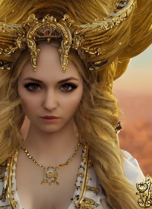 Prompt: a photo of 8 k ultra realistic humanoid princess with long blonde hair, standing next to a beautiful view, ornate white officers outfit with gold embellishments, cinematic lighting, trending on artstation, 4 k, hyperrealistic, focused, extreme details, unreal engine 5, cinematic, masterpiece