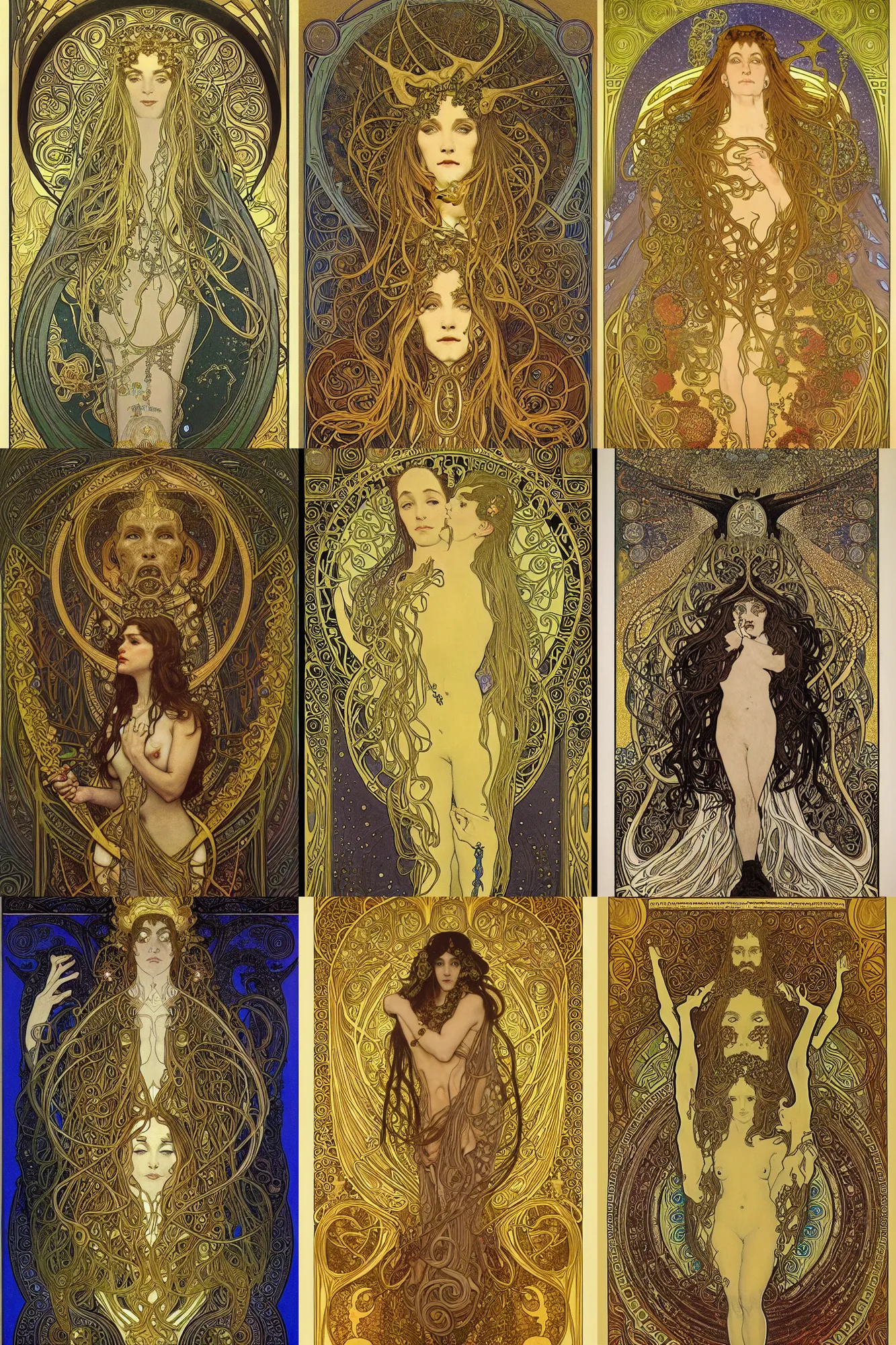 Prompt: Realistic detailed dramatic symmetrical portrait of a Lovecraft ancient god, by Alphonse Mucha and Gustav Klimt, gilded details, spirals, comets, stars, Neo-gothic, gothic, Art Nouveau, retro science fiction cover by Kelly Freas (1965), vintage 1960 print, ornate medieval religious icon, long flowing hair spreading around her