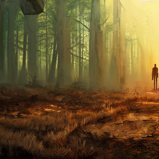 Prompt: panoramic photo of a robot walking through a post apocalyptic forest, sunset, lonely, 4 k, concept art