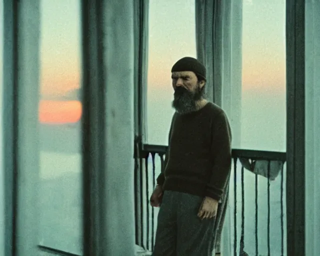 Image similar to award - winning lomographic tarkovsky film still of 4 0 years russian man with beard and sweater standing on small hrushevka 9 th floor balcony in taiga looking at sunset, kodak ektar, bokeh