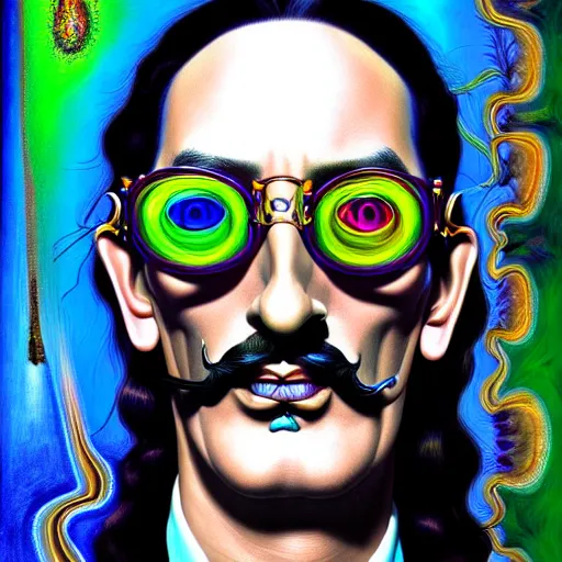 Prompt: An extremely psychedelic portrait of Salvador Dali with sunglasses, surreal, LSD, face, detailed, intricate, elegant, lithe, highly detailed, digital painting, artstation, concept art, smooth, sharp focus, illustration