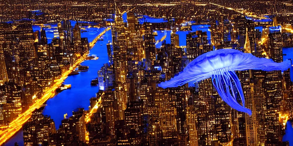 Image similar to flying blue jellyfish over nyc at night, wide city shot, beautiful lighting, soft and detailed,