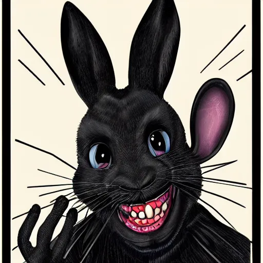 Image similar to A extremely highly detailed majestic hi-res beautiful, highly detailed head and shoulders portrait of a scary terrifying, horrifying, creepy maniacal crazy black cartoon rabbit with scary big eyes, earing a shirt laughing maniacally , let's be friends, in the style of Walt Disney