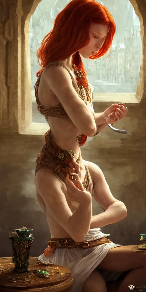 Image similar to ginger girl with problems, sitting and drinking in an ancien tavern and playing with a knife, magic the gathering, ancient, sand, emerald, intricate, highly detailed, digital painting, artstation, concept art, smooth, sharp focus, illustration, Unreal Engine 5, 8K, art by artgerm and greg rutkowski and alphonse mucha