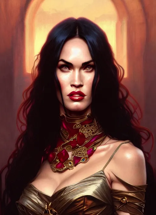 Image similar to portrait of megan fox as a vampire queen, jewelry, greek, ruby, intricate, headshot, highly detailed, digital painting, artstation, concept art, sharp focus, cinematic lighting, illustration, art by artgerm and greg rutkowski, alphonse mucha, cgsociety