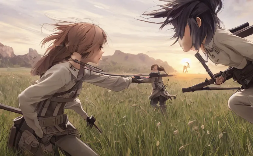 Image similar to panoramic of girl fighting, soldier clothing, battlefield in background, anime style, short hair, hair down, symmetrical facial features, from arknights, hyper realistic, 4 k, rule of thirds, extreme detail, detailed drawing, safebooru, hd, d & d, realistic lighting, by alphonse mucha, greg rutkowski, sharp focus, backlit