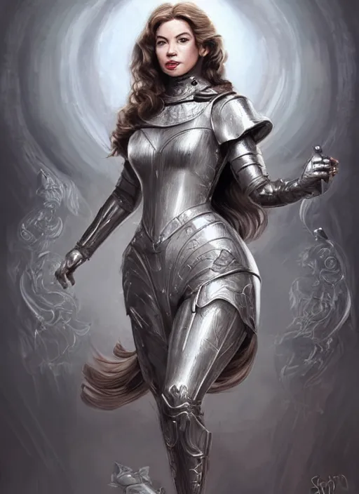 Image similar to beautiful female dorothy gale, rebecca romijn as dorothy, full body character concept, covered in full silver armor, armor plating, art nouveau, nordic, super powers, fantasy, intricate, elegant, highly detailed, digital painting, artstation, concept art, shining, sharp focus, illustration, art by stanley lau