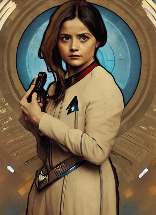 Image similar to jenna coleman as a star trek captain, a still from star trek painted by alphonse mucha. clear highly detailed face, beautiful sci fi art