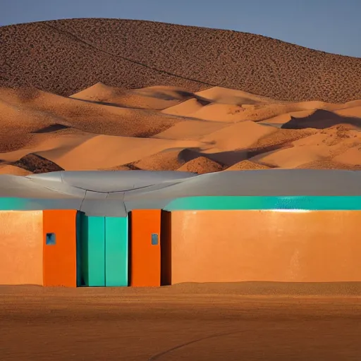 Prompt: architectural photograph by iwan baan of a cheerful recreational building in the shape of a monitor lizard in the middle of the desert, colorful desert architecture designed by future systems