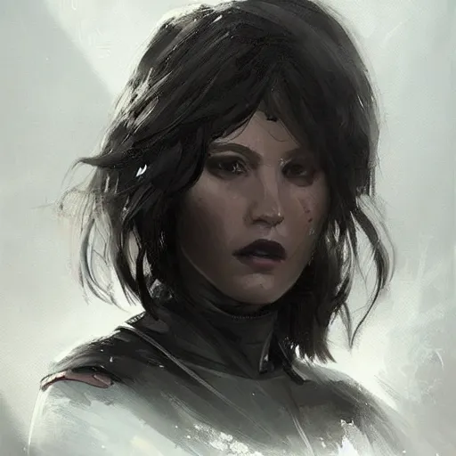 Prompt: portrait of a woman by greg rutkowski, she is about 3 0 years old, messy black bob hair, pale round face, tired eyes, she is wearing futuristic black colored tactical gear, highly detailed portrait, digital painting, artstation, concept art, smooth, sharp foccus ilustration, artstation hq